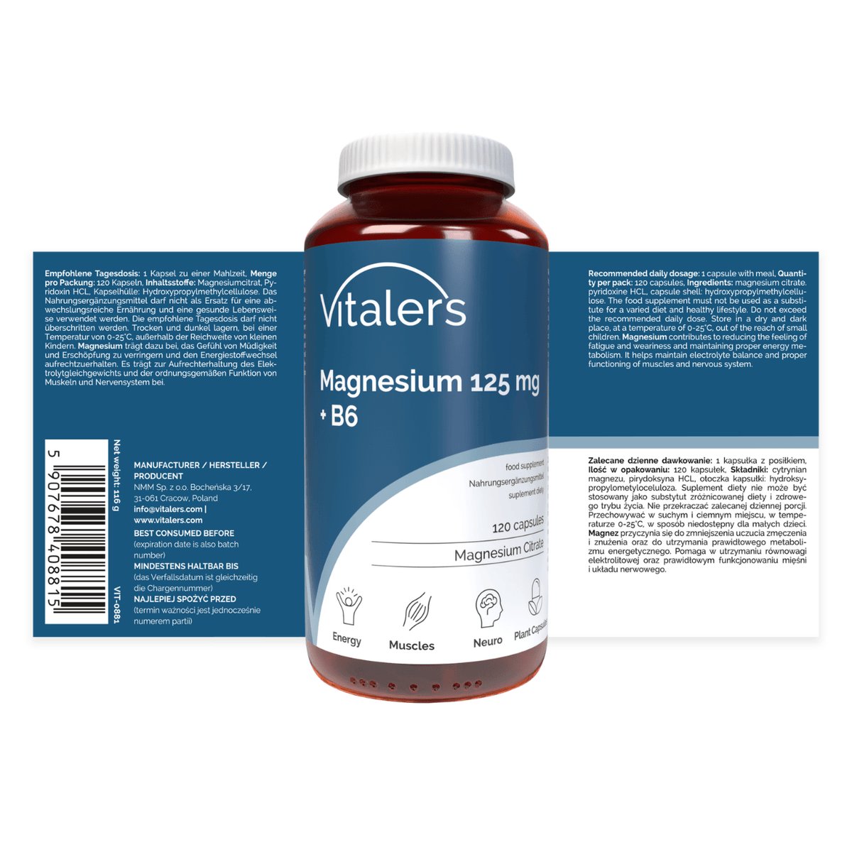 Vitaler's Magnesium 125 mg + Vitamin B6 6 mg - 120 Capsules